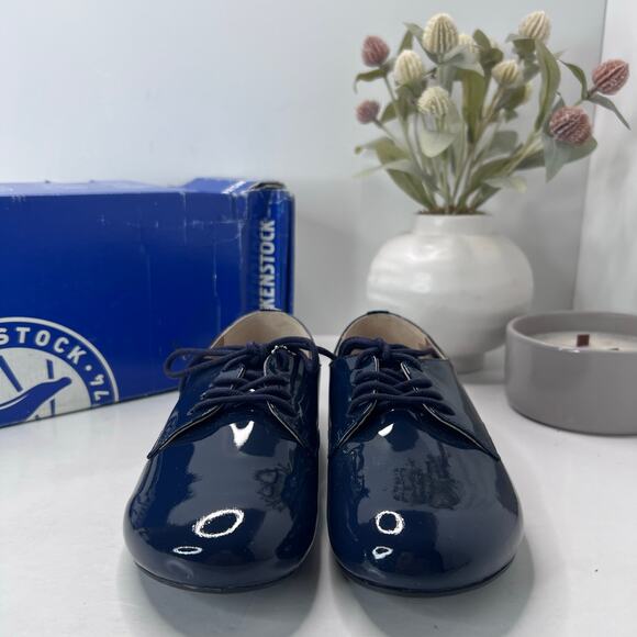 Birkenstock Saunders Patent Leather Clog Navy Women 5/Men 3 EU36 NWB Narrow - Picture 4 of 10